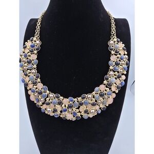 Talbots Statement Bib Necklace Gold Tone Multi-Color Cabochon Faux Pearl Spring
